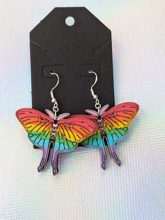 Hand-Painted Rainbow Luna Moth Earrings – Handmade Wooden Jewelry