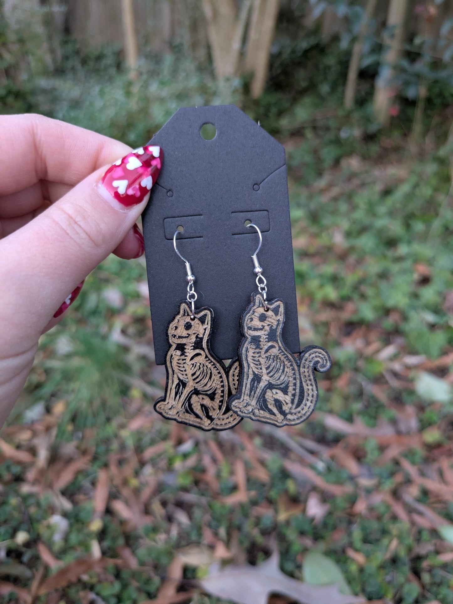 Wooden Cat Skeleton Earrings - Laser Cut & Engraved Handmade Wooden Jewelry