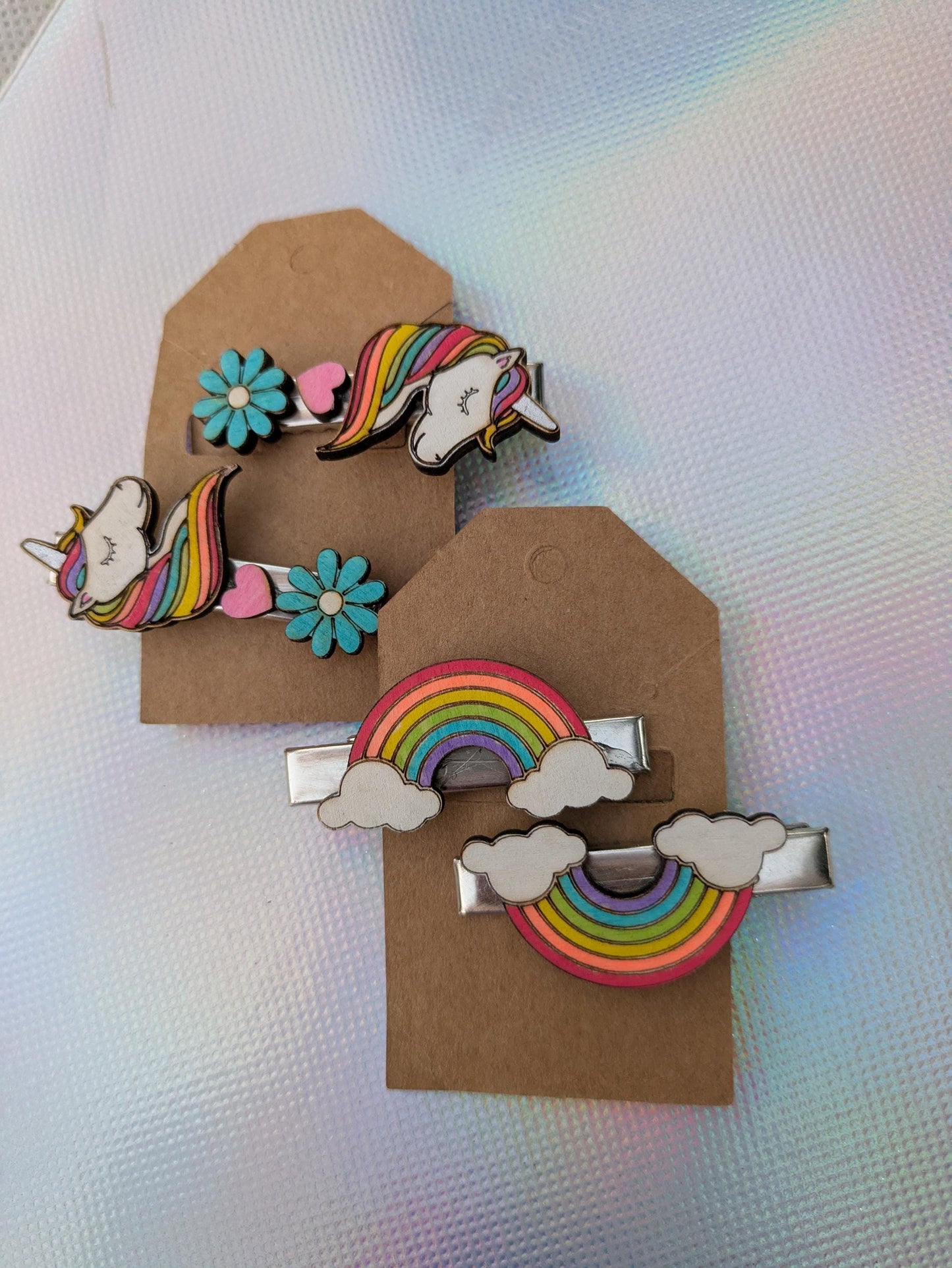 Unicorns & Rainbows Hair Clips - Set of 2 Pairs (4 Total) Hand-Painted Wooden Hair Clips