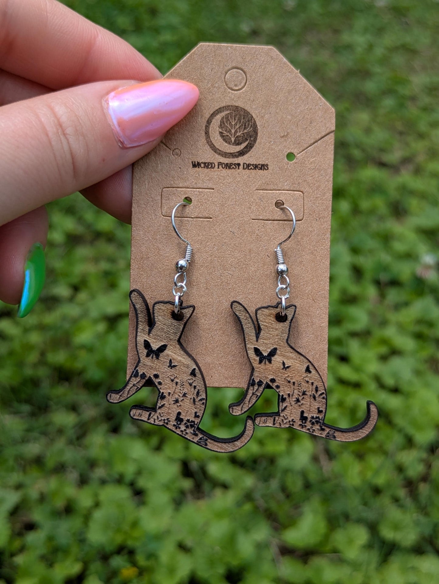 Floral Familiar Earrings - Black Cat Silhouettes with Butterflies & Blooms