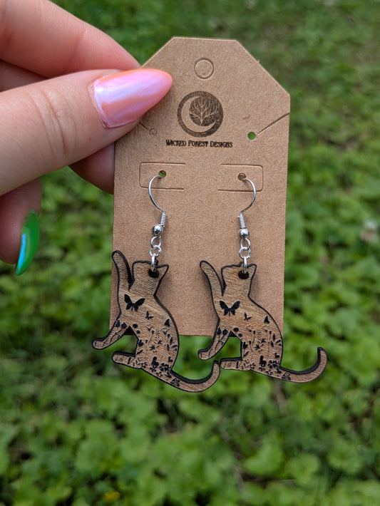 Floral Familiar Earrings - Black Cat Silhouettes with Butterflies & Blooms