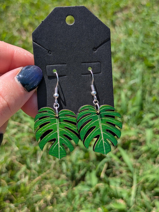 Monstera Leaf Earrings - Green Laser-Cut Botanical Dangles