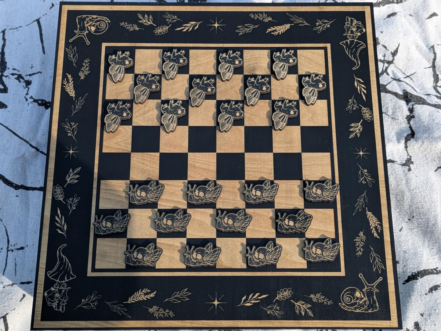 Whimsical Wood Checkerboard Game Box - Handcrafted with Engraved Nature Art, Snail & Frog Playing Pieces