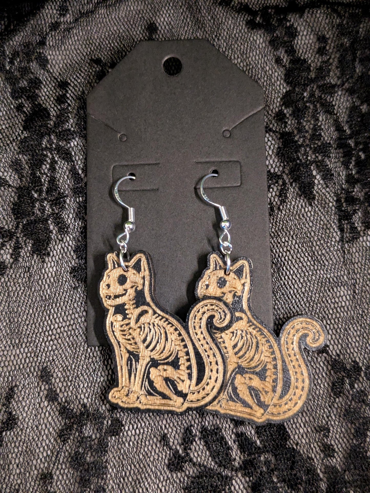 Wooden Cat Skeleton Earrings - Laser Cut & Engraved Handmade Wooden Jewelry