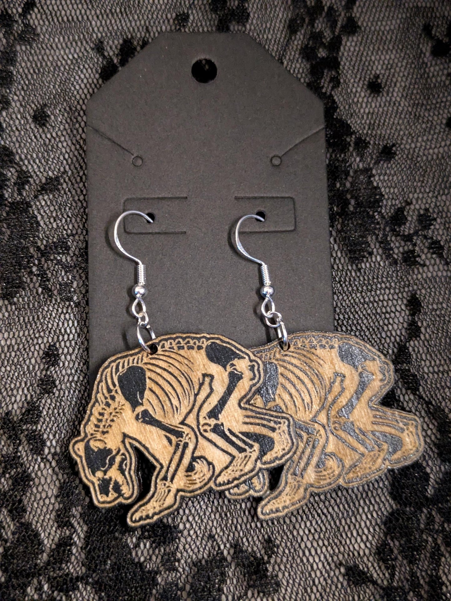 Wooden Bear Skeleton Earrings - Laser Cut & Engraved