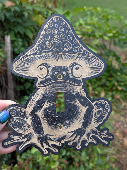 Mushroom Frog Light Switch Plate - Black Wooden Engraved Cover - Cottagecore Forest Wall Decor