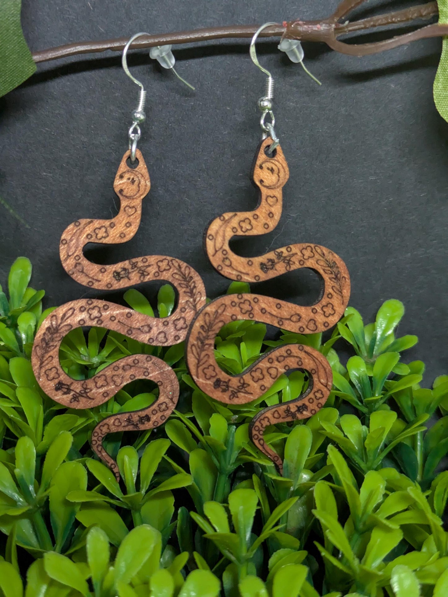 Laser Cut & Engraved Wooden Snake Earrings