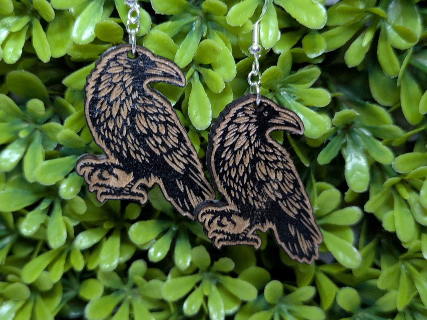 Wooden Crow Earrings - Laser Cut & Engraved Handmade Wooden Jewelry