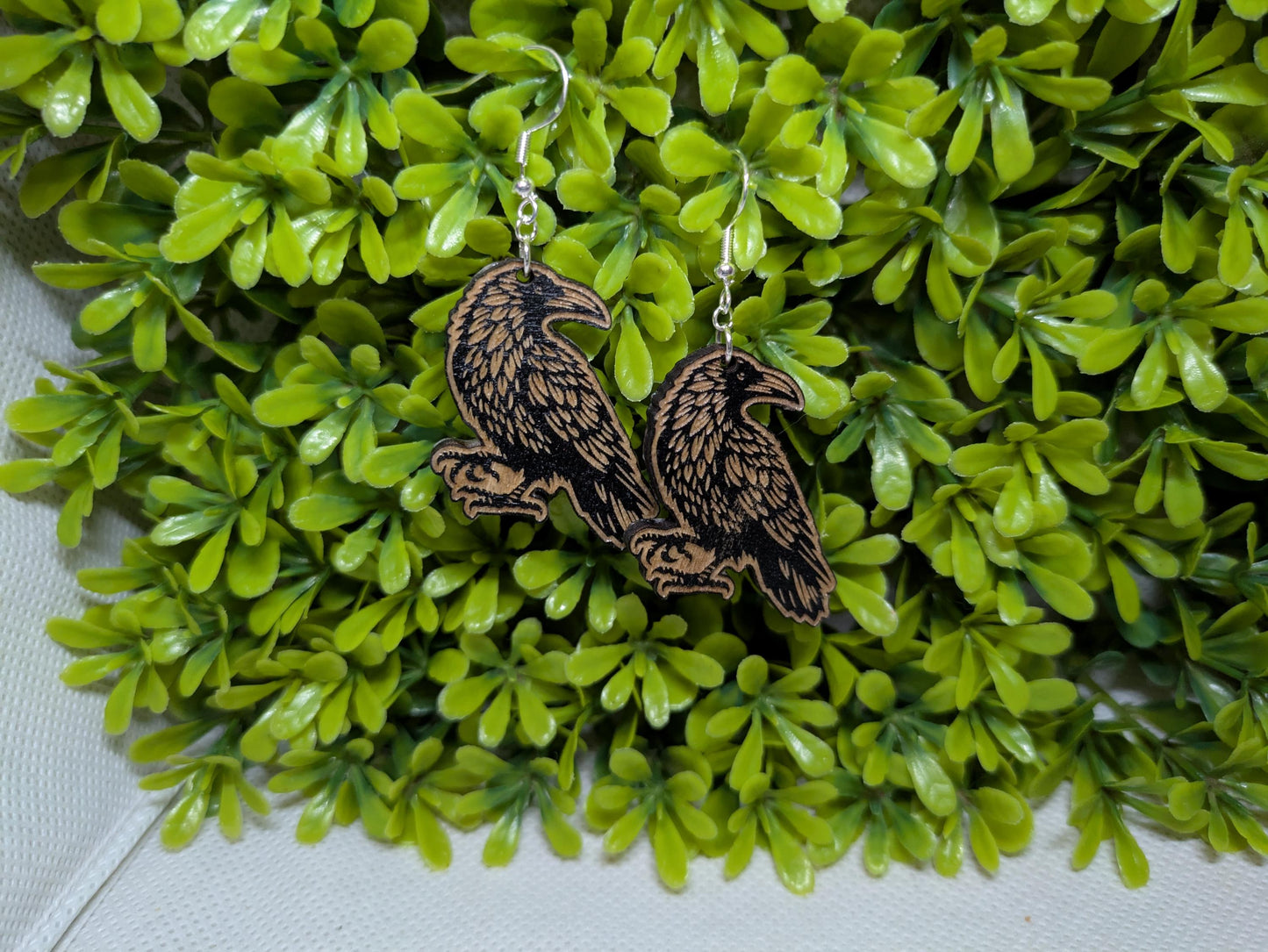 Wooden Crow Earrings - Laser Cut & Engraved Handmade Wooden Jewelry