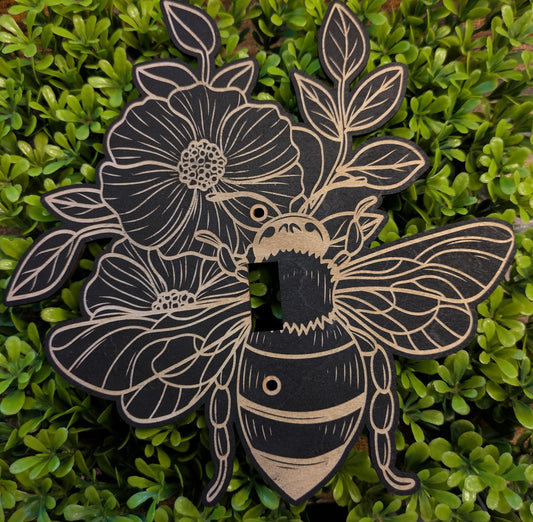 Bee & Wildflower Light Switch Plate - Black Laser Cut Wooden Cover - Cottagecore Bug Decor
