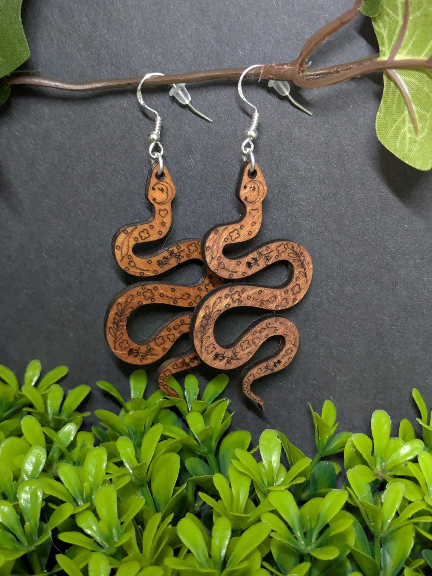 Laser Cut & Engraved Wooden Snake Earrings