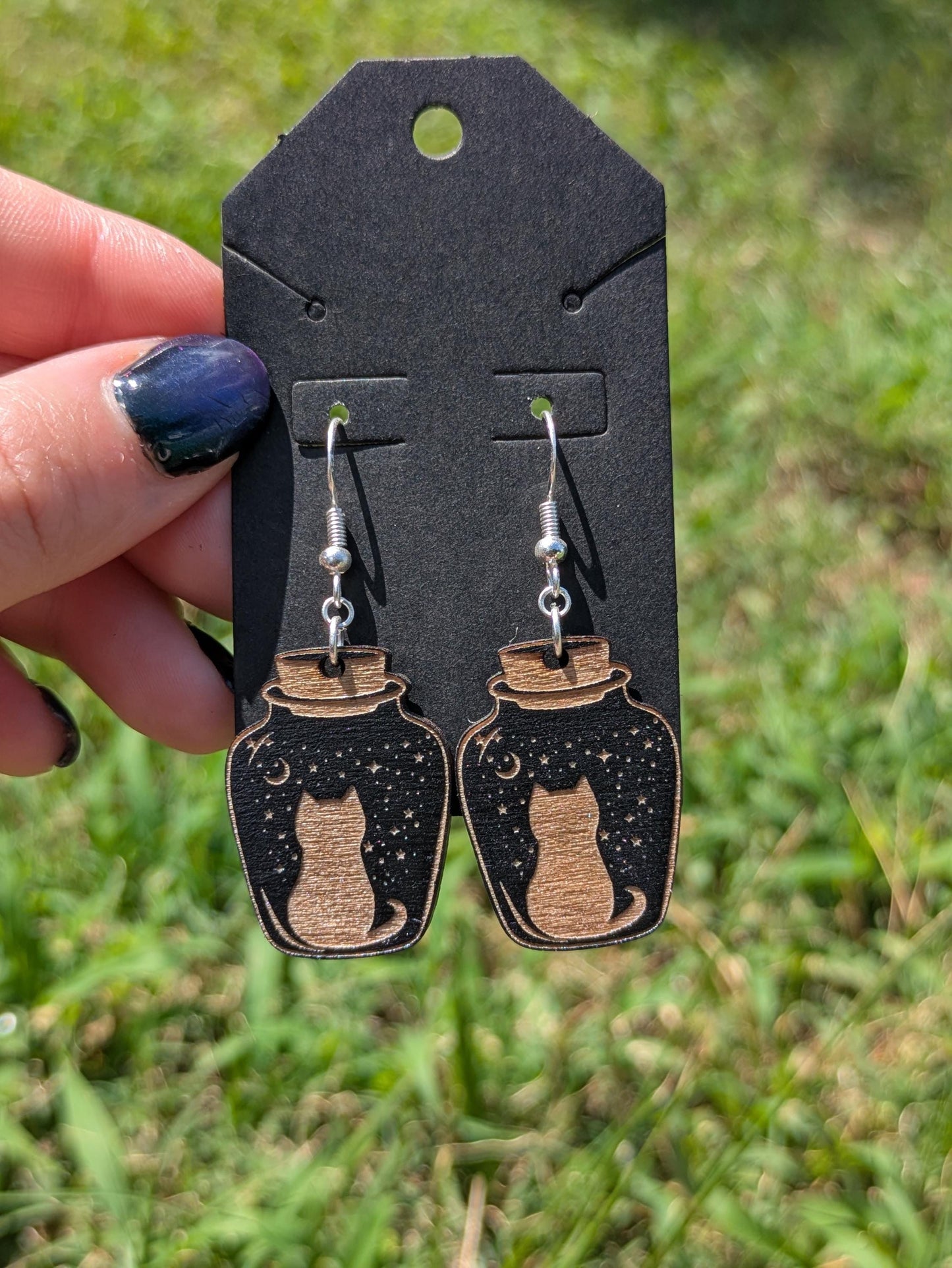 Potion Cat Earrings - Cat in a Bottle, Stargazing
