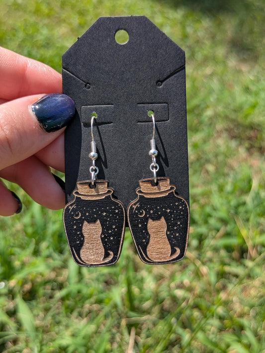 Potion Cat Earrings - Cat in a Bottle, Stargazing