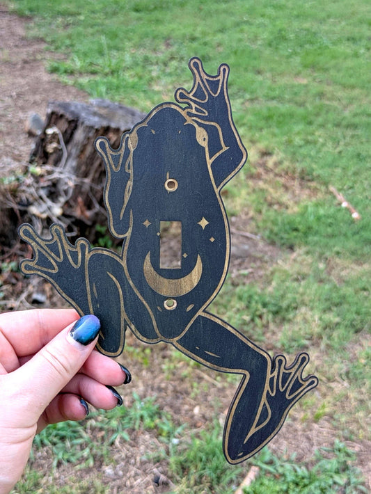 Celestial Frog Light Switch Plate - Laser Engraved Wood Cover with Crescent Moon - Witchy Wall Decor