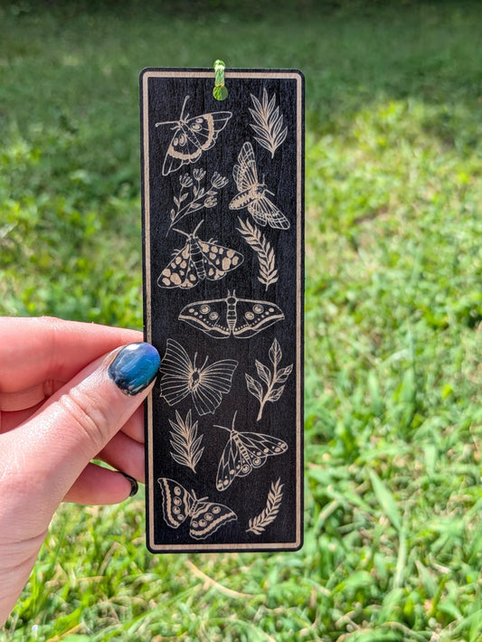 Laser Engraved Wooden Bookmark - Moths & Botanicals - Cottagecore Nature Bookmark