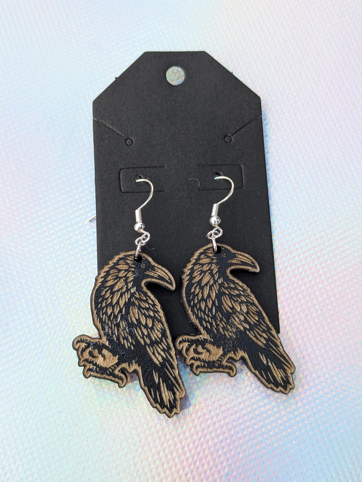 Wooden Crow Earrings - Laser Cut & Engraved Handmade Wooden Jewelry