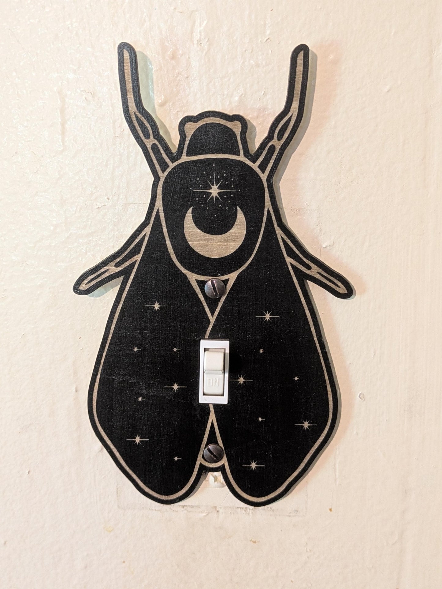 Gothic Bug Light Switch Plate - Black Engraved Wooden Cover with Moon & Stars - Nature-Inspired Celestial Decor