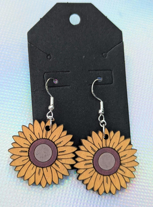 Hand-Painted Laser-Cut Sunflower Dangly Earrings