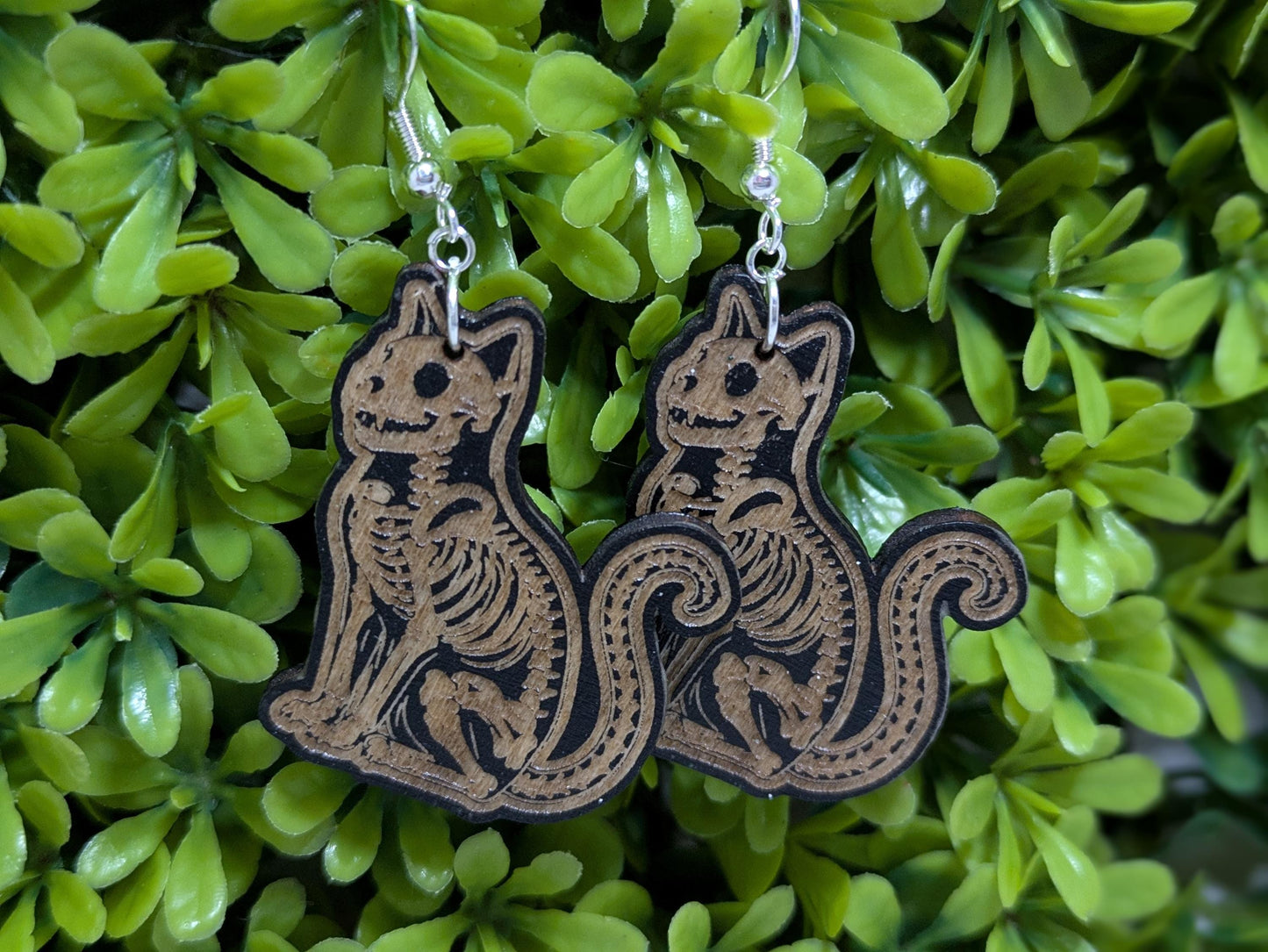 Wooden Cat Skeleton Earrings - Laser Cut & Engraved Handmade Wooden Jewelry