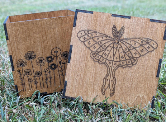 Engraved Wooden Trinket Box - Moth and Wildflower Design - Custom Cottagecore Keepsake Box - Nature-Inspired Jewelry Storage