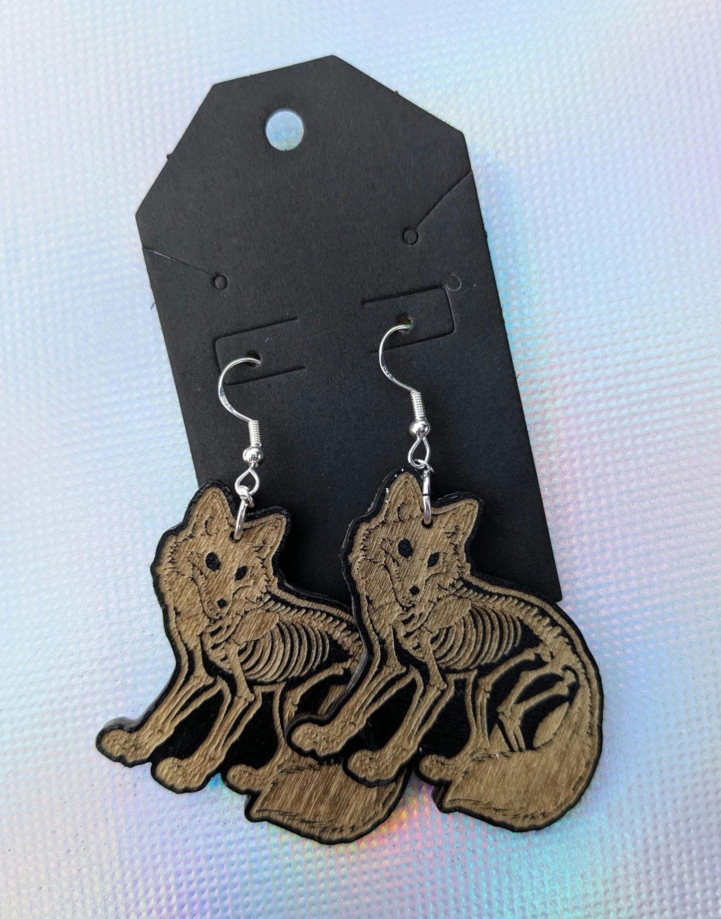 Wooden Fox Skeleton Earrings - Laser Cut & Engraved Handmade Wooden Jewelry