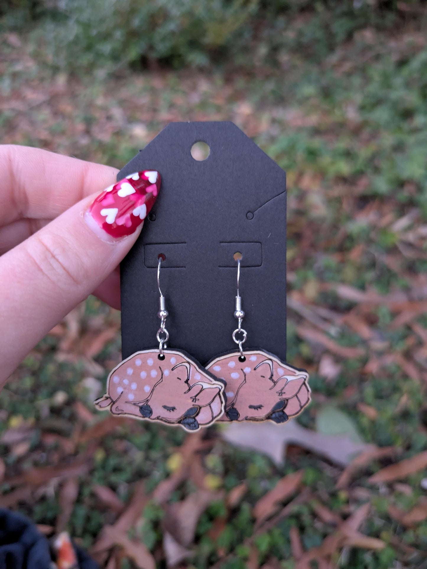 Hand-Painted Sleeping Fawn Earrings – Handmade Wooden Jewelry