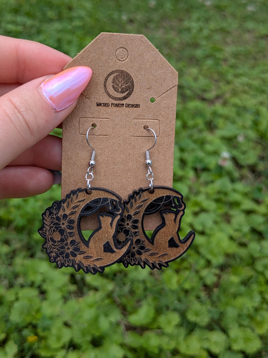 Moonlight Familiar - Cat & Crescent Moon/Floral Earrings in Black