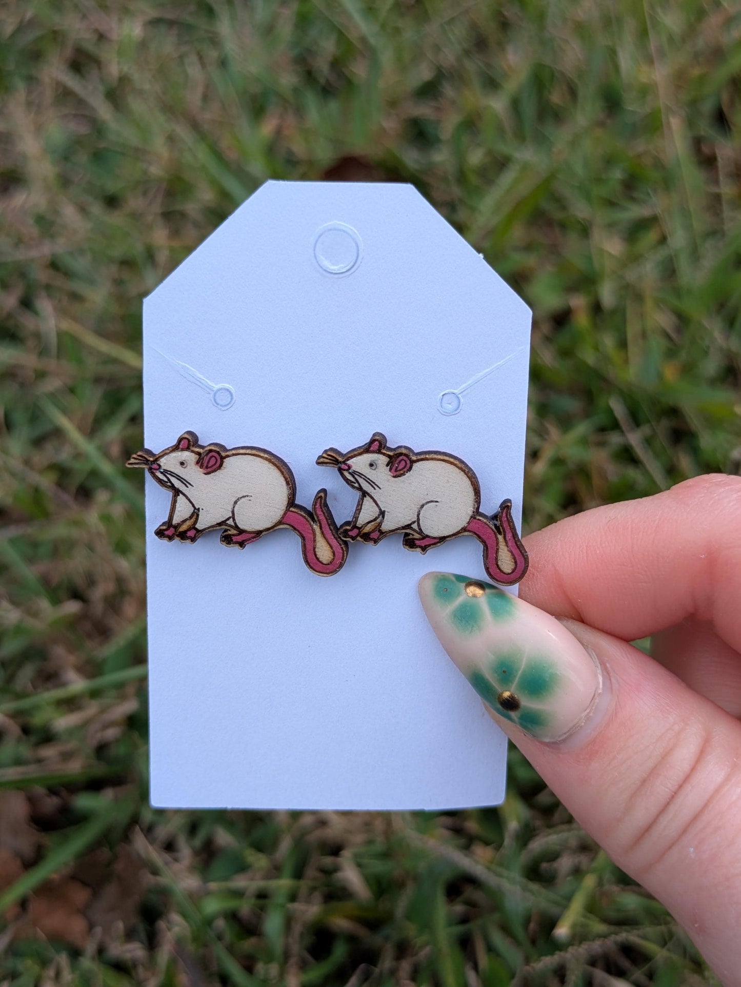 White Rat Wooden Stud Earrings - Hand Painted Laser Cut Gothic Animal Jewelry