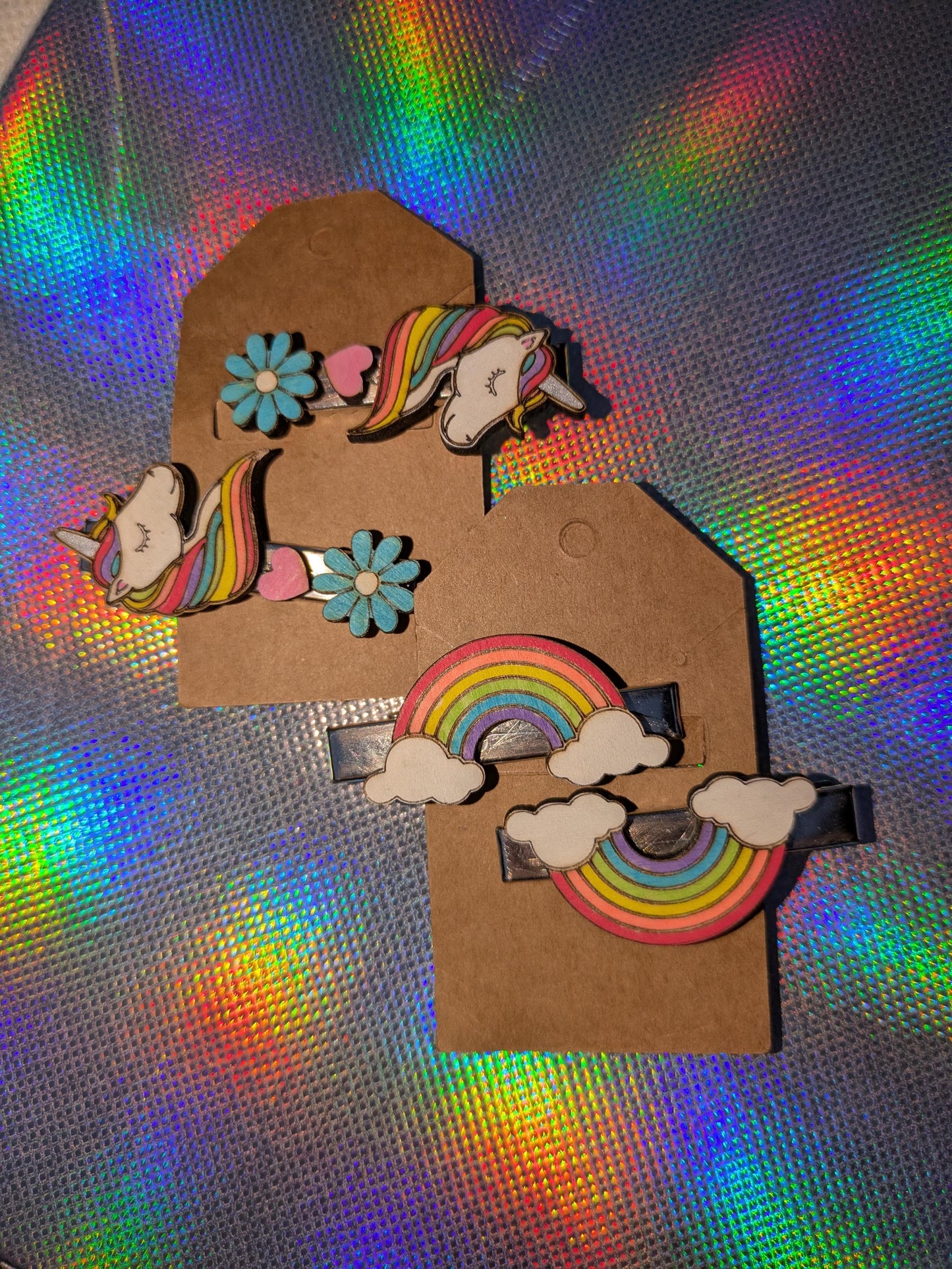 Unicorns & Rainbows Hair Clips - Set of 2 Pairs (4 Total) Hand-Painted Wooden Hair Clips
