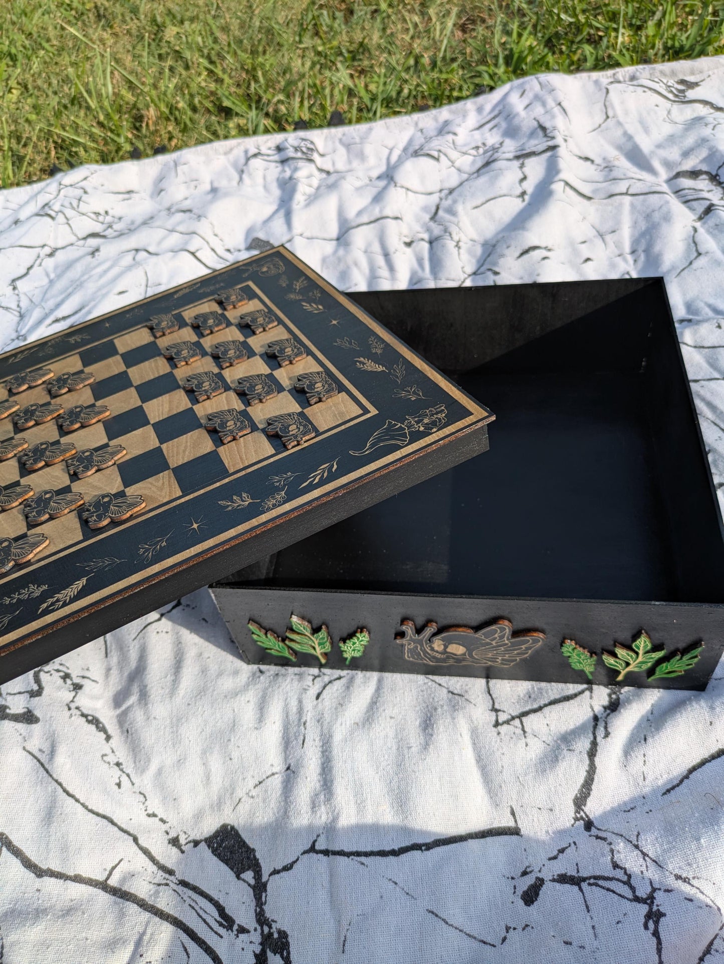 Whimsical Wood Checkerboard Game Box - Handcrafted with Engraved Nature Art, Snail & Frog Playing Pieces