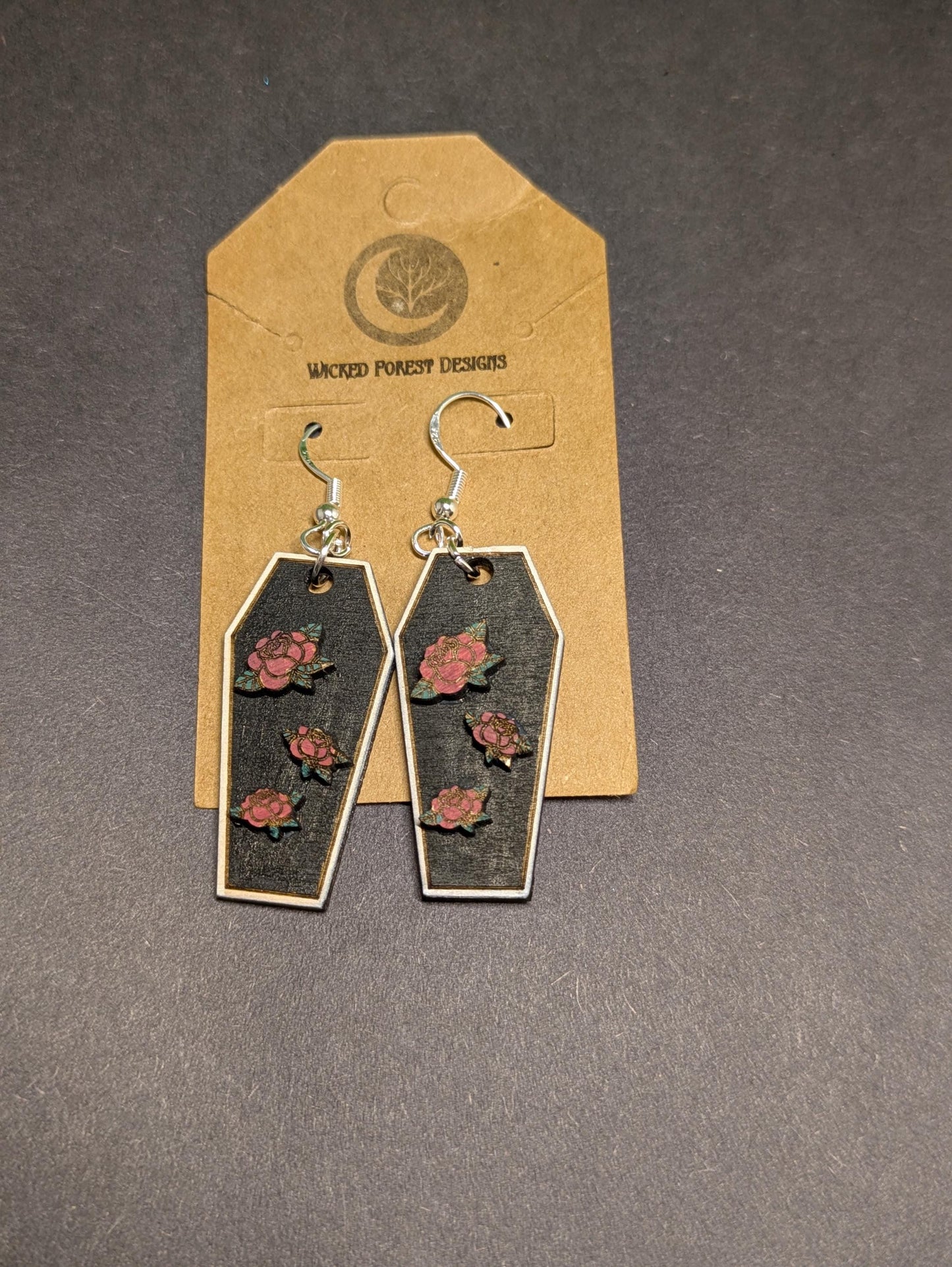 Coffins With Rose Decorations - Hand Painted Laser Cut Wooden Earrings