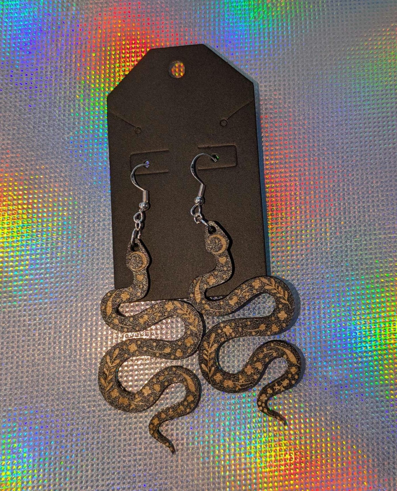 Wooden Snake Earrings - Laser Cut & Engraved