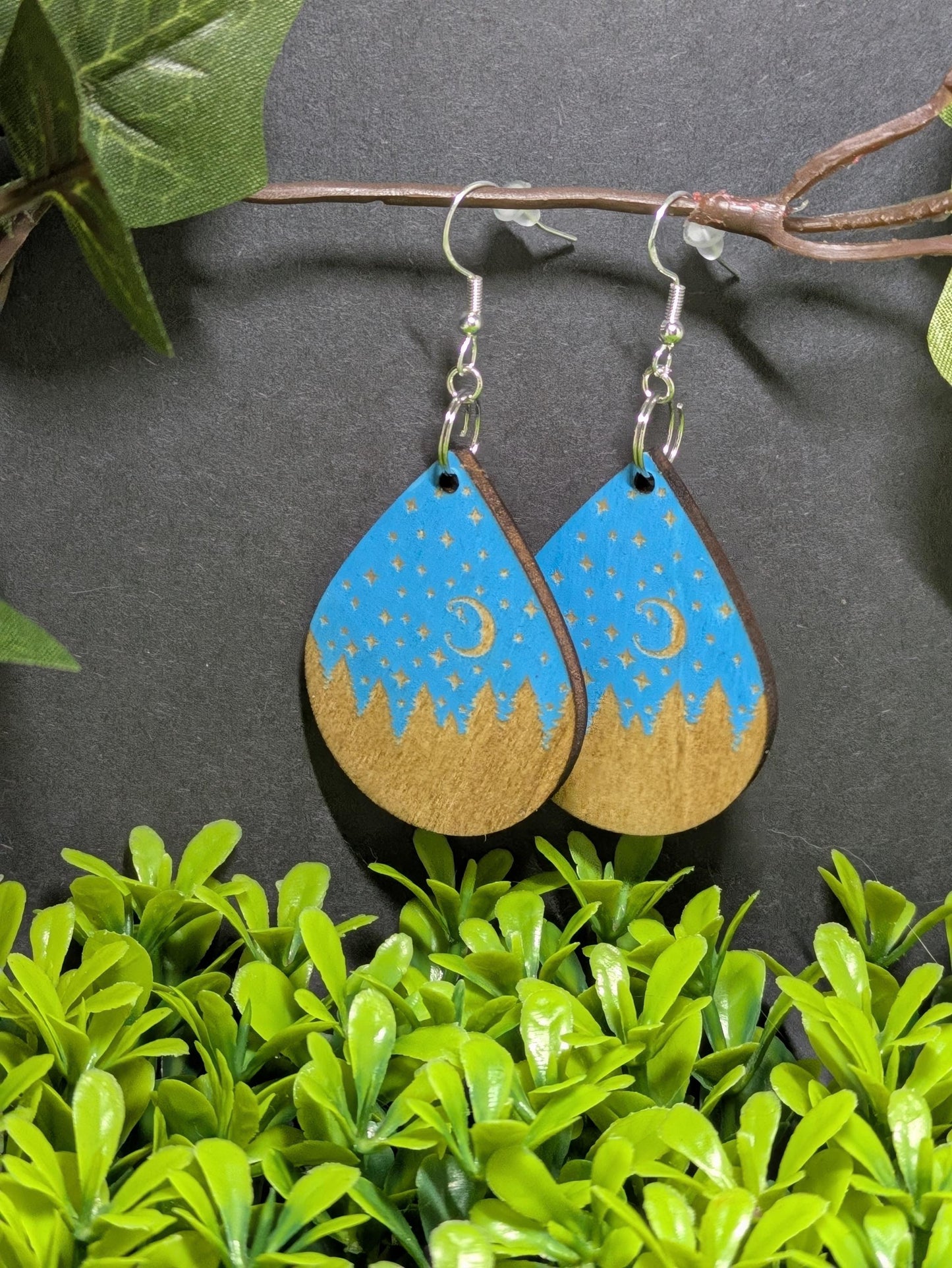 Forest At Night - Hand Painted Laser Cut Wooden Earrings