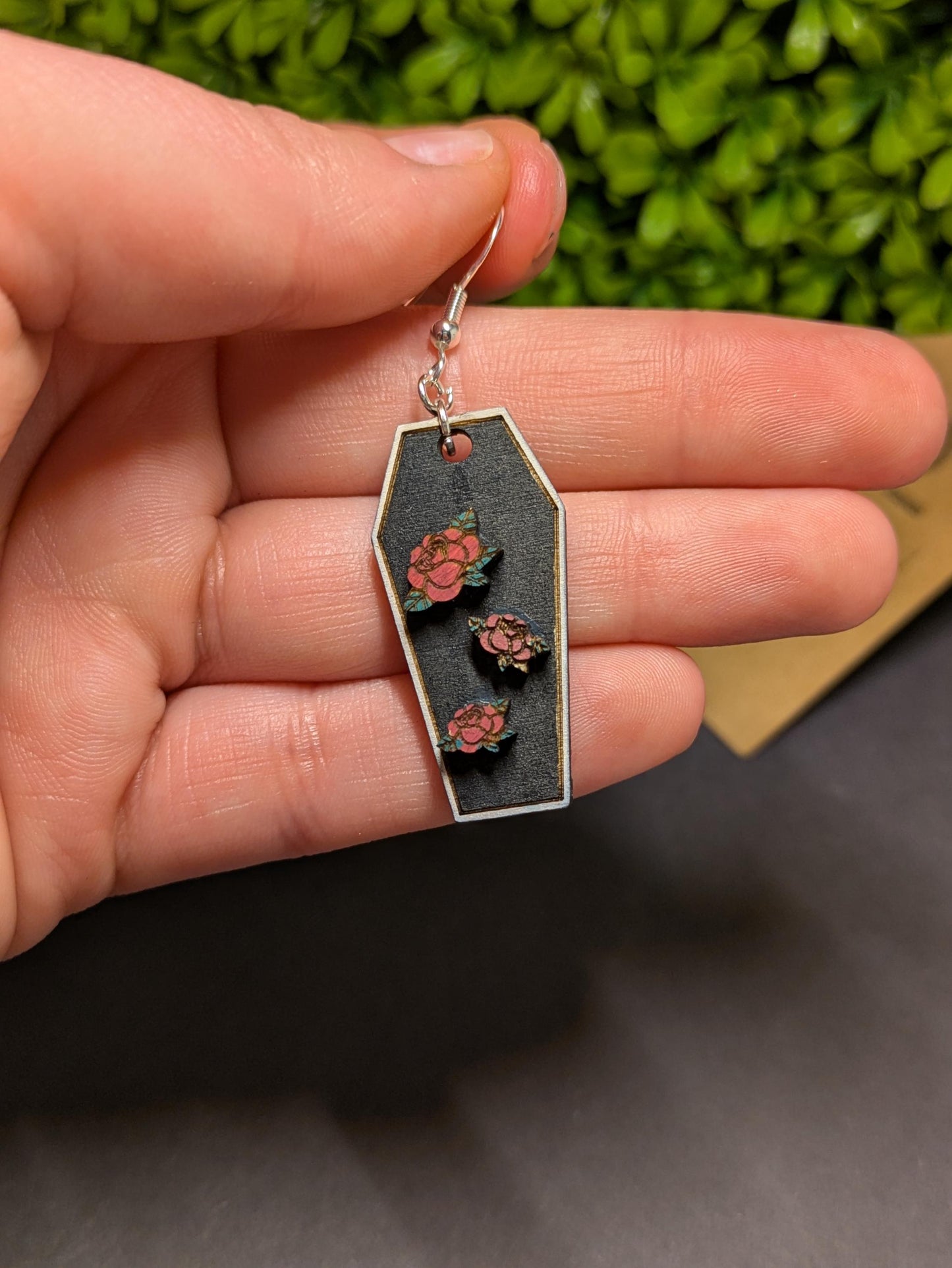 Coffins With Rose Decorations - Hand Painted Laser Cut Wooden Earrings