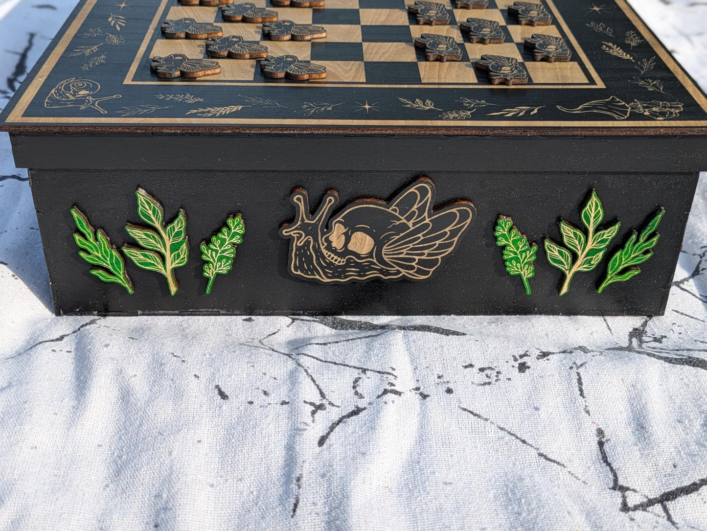 Whimsical Wood Checkerboard Game Box - Handcrafted with Engraved Nature Art, Snail & Frog Playing Pieces