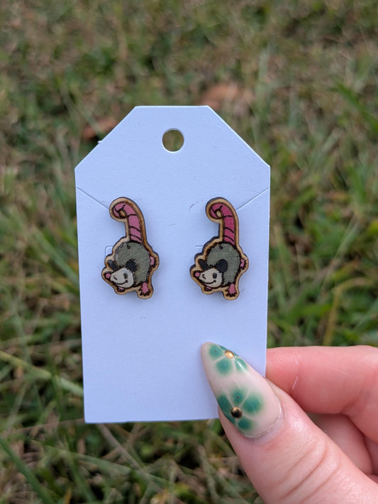 Hanging Opossum Wooden Stud Earrings - Hand Painted Laser Cut Woodland Jewelry