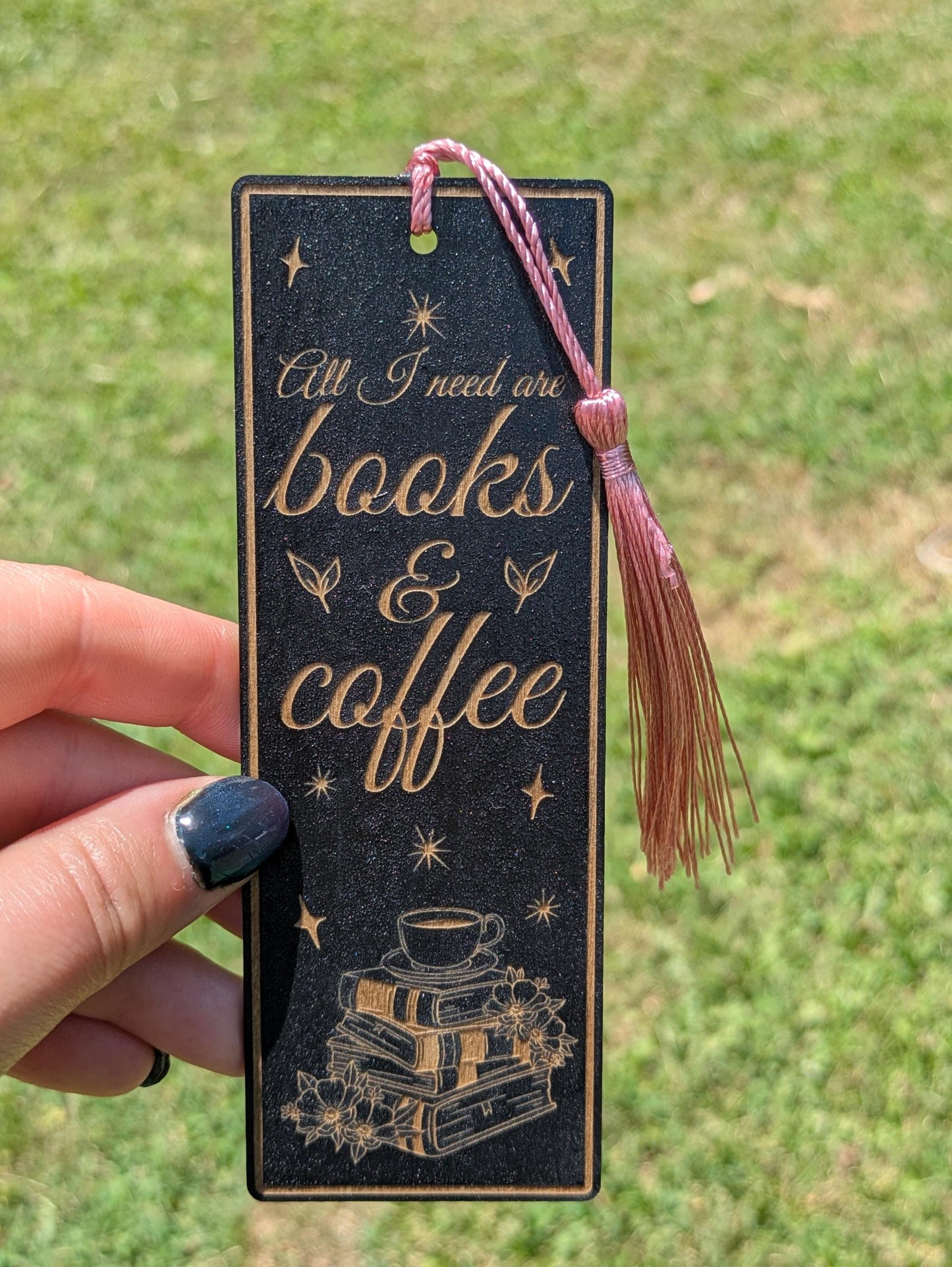 Books & Coffee Wooden Bookmark - Laser Engraved Black Wood - Cozy Reader Gift