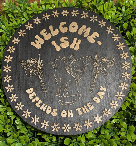 Fairy Cat Welcome Sign - Funny Cottagecore Wall Art - Rustic Engraved Wood - Door Hanger