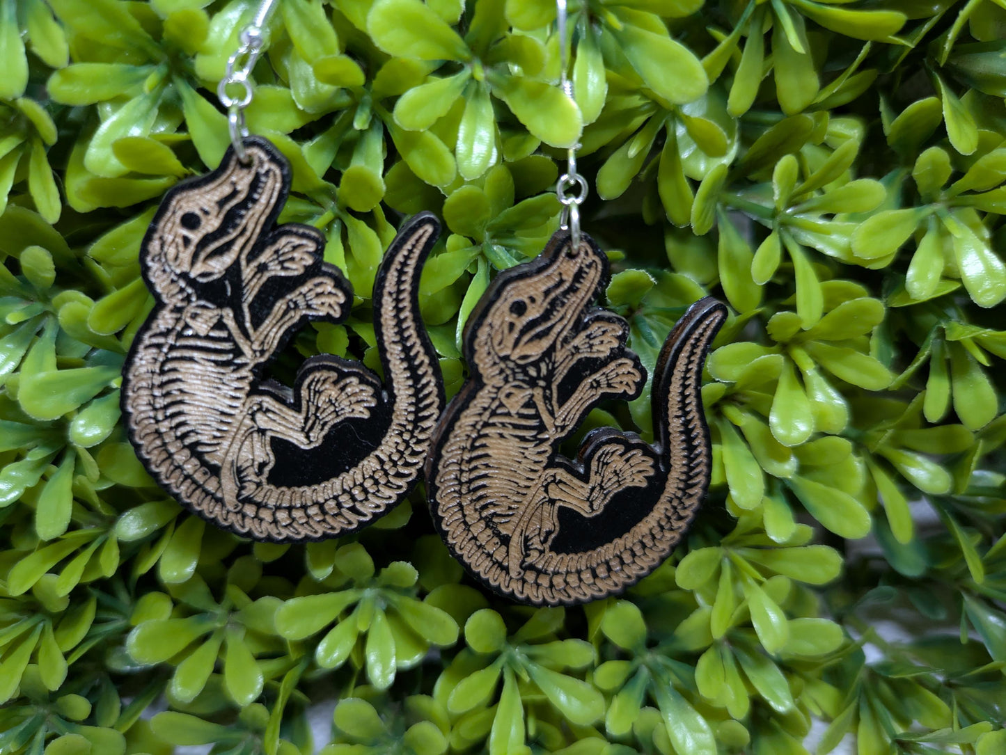 Wooden Alligator Skeleton Earrings - Laser Cut & Engraved