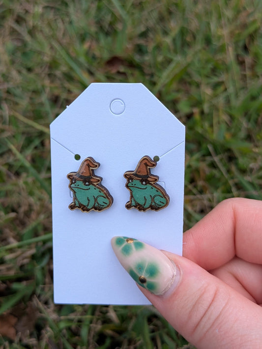 Witch Frog Wooden Stud Earrings - Hand Painted Laser Cut Halloween Jewelry